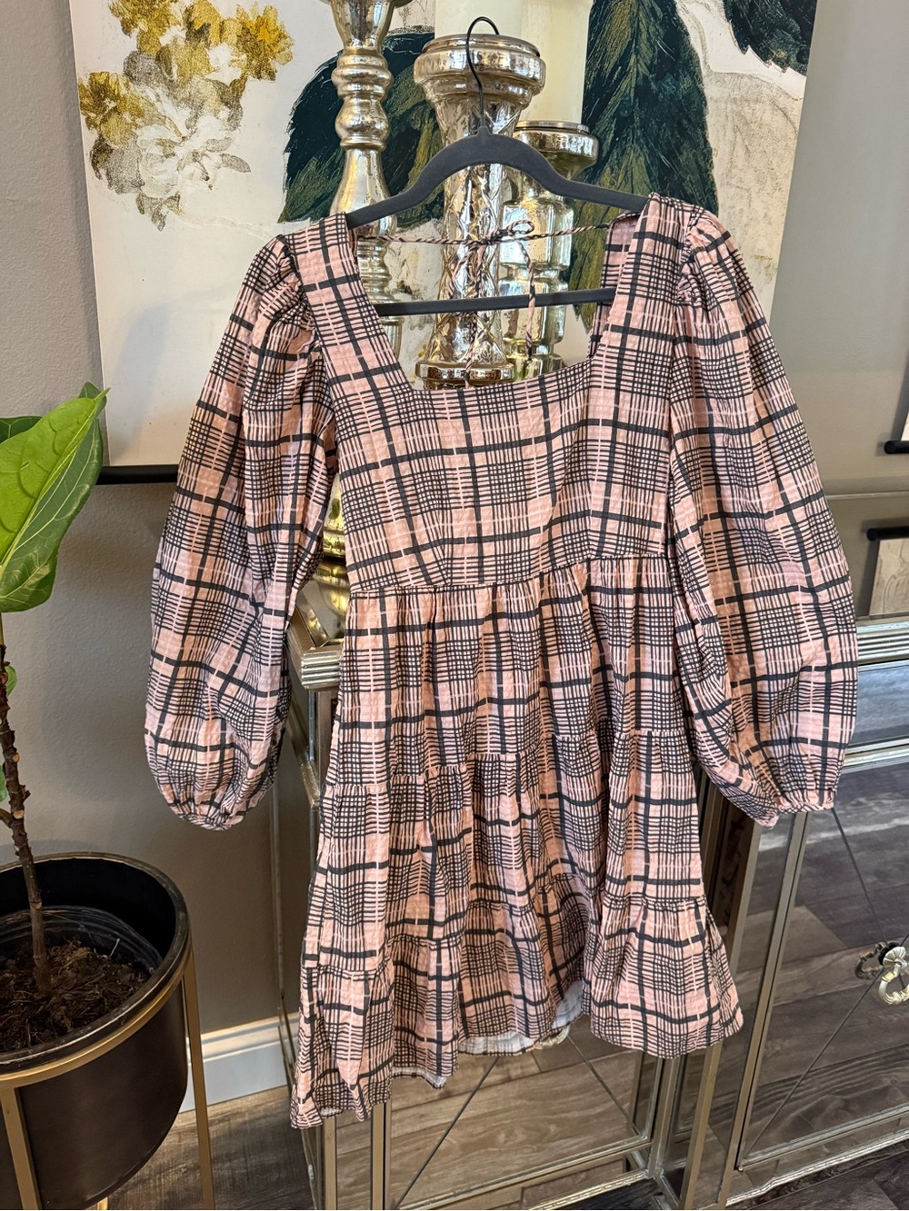 Topshop Pink and Black Plaid Puff-Sleeve Tiered Dress